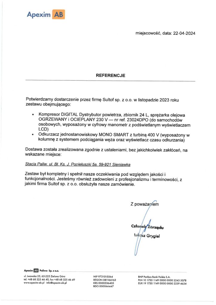 Referencje 2023 odkurzacze kompresory APEXIM Sieniawka page 0001