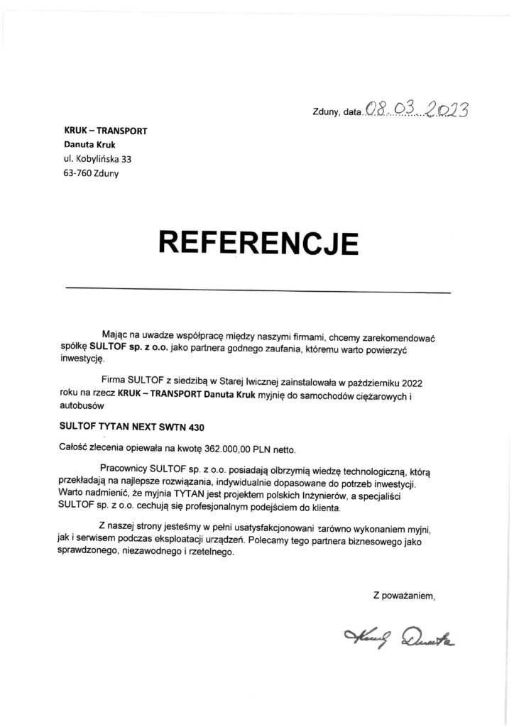 Referencje TYTAN NEXT 2022 KRUK TRANSPORT Zduny page 0001