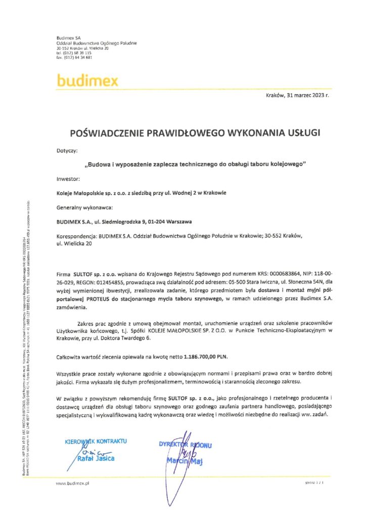 Referencje myjnia pociagowa PROTEUS 2023 BUDIMEX Koleje Malopolskie Krakow page 0001