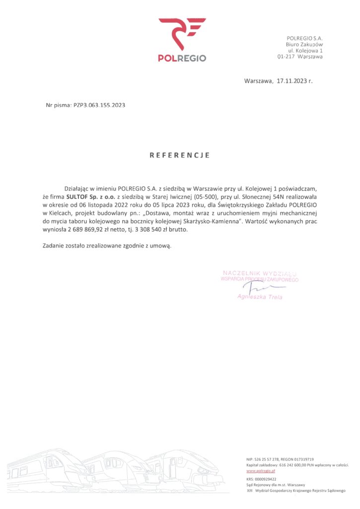 Referencje myjnia pociagowa 2023 POLREGIO Skarzysko Kamienna page 0001